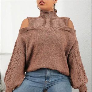 Plus Size Turtle Neck Cold Shoulder Jacquard Sweater, Women's Plus Casual Slight